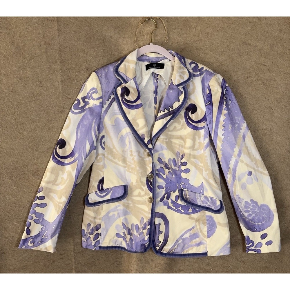 Rena Lang Blazer Jacket Womens Sz 12 Purple Abstract Lightweight Stretch Classic